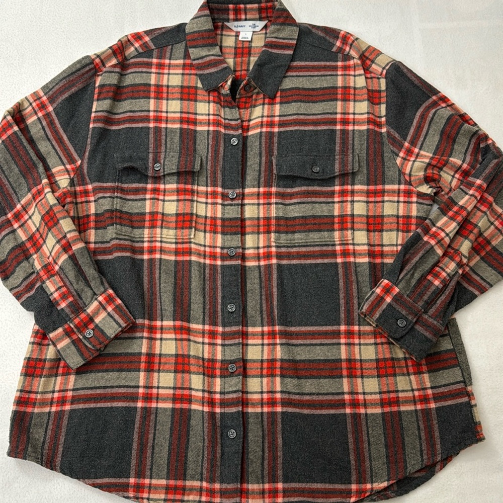 Old Navy The Boyfriend Grey Red L/S Flannel Shirt Sz L